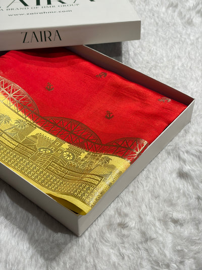 Banarasi Red With Lemon Contrast Shade Flower Boota Pure Caramel Mango Silk Saree CS-18