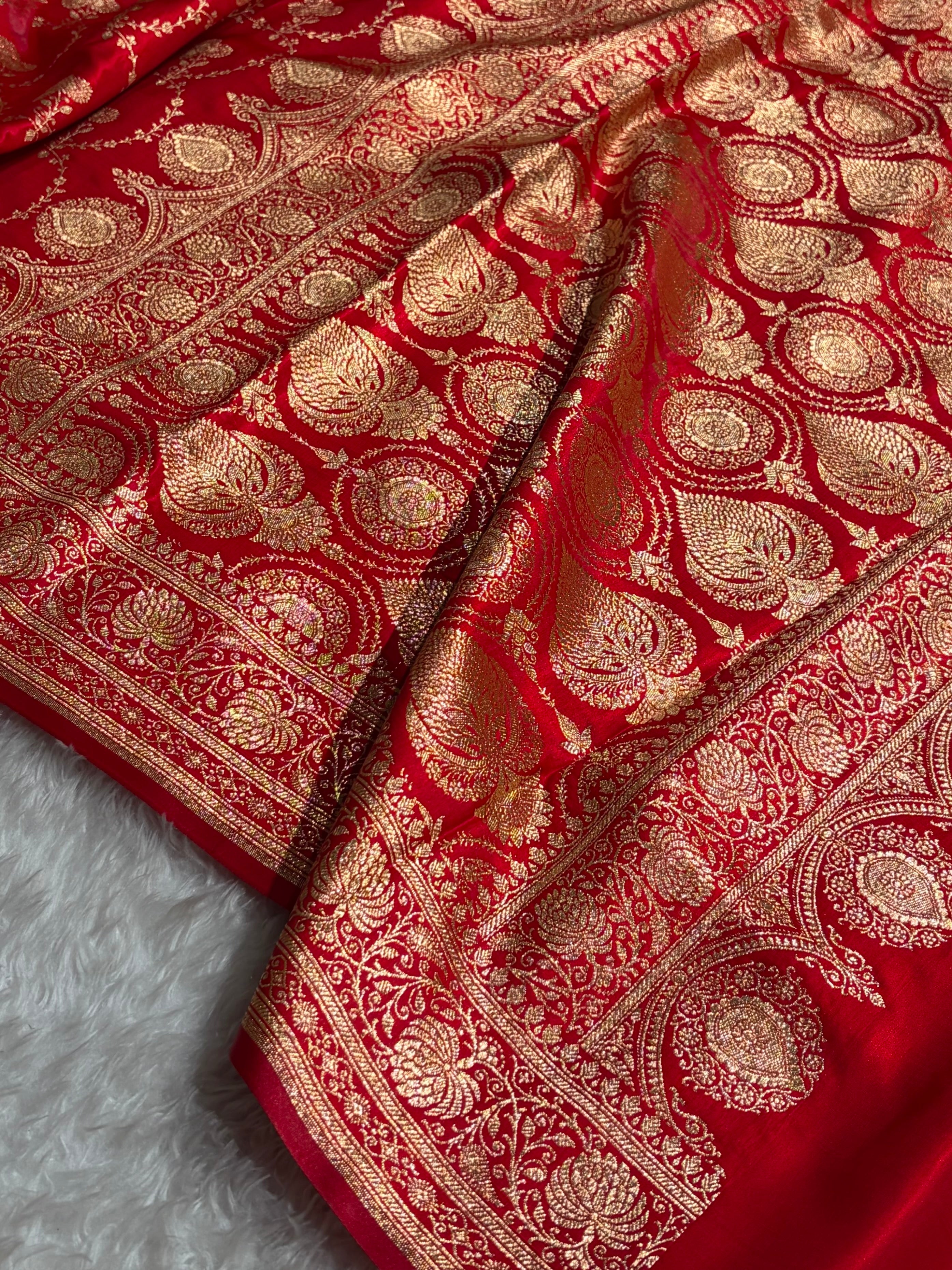 Banarasi Satin Silk Saree Jaal in Red Shades SS23