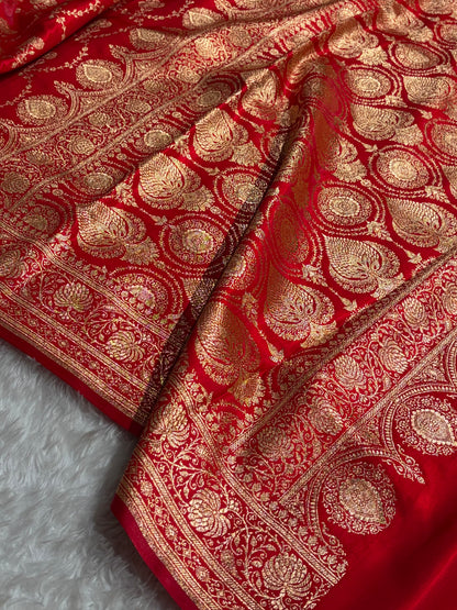 Banarasi Satin Silk Saree Jaal in Red Shades SS23