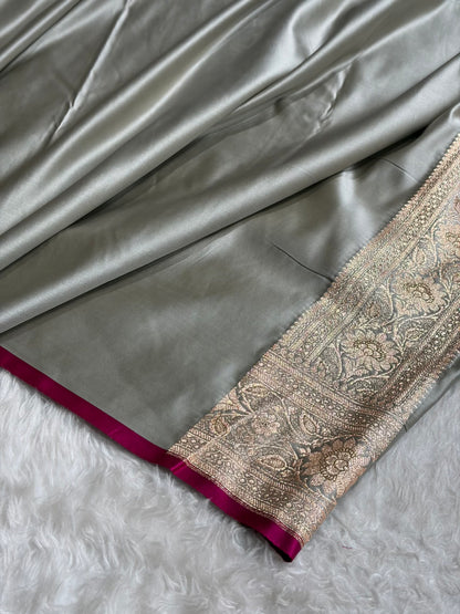 Banarasi Grey Booti Satin katan Silk Saree SK11