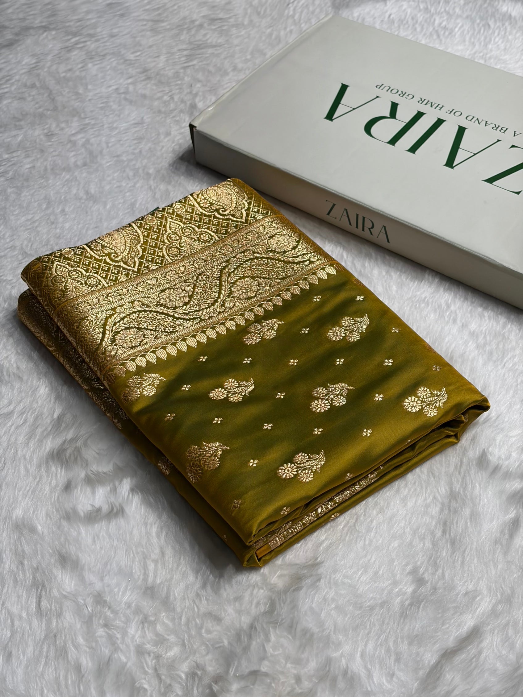 Mehendi Green Floral Unique Boota Satin Katan Silk Saree SK73