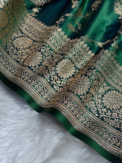 Bottle Green Cross Floral Jaal Pattern Satin Katan Silk saree SK60