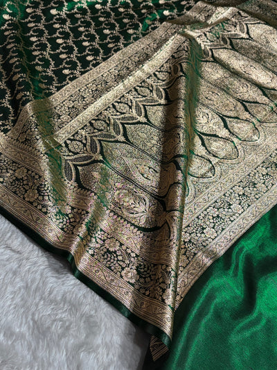 Bottle Green Shades Jaal Pattern Banarasi Satin Silk Saree SS43