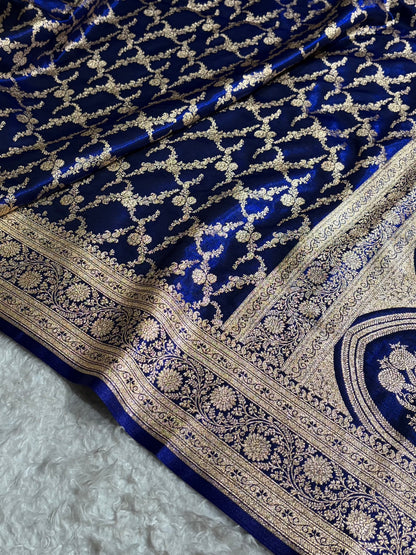 Royal Blue Shades Cross Pattern Banarasi Satin Silk Saree SS40