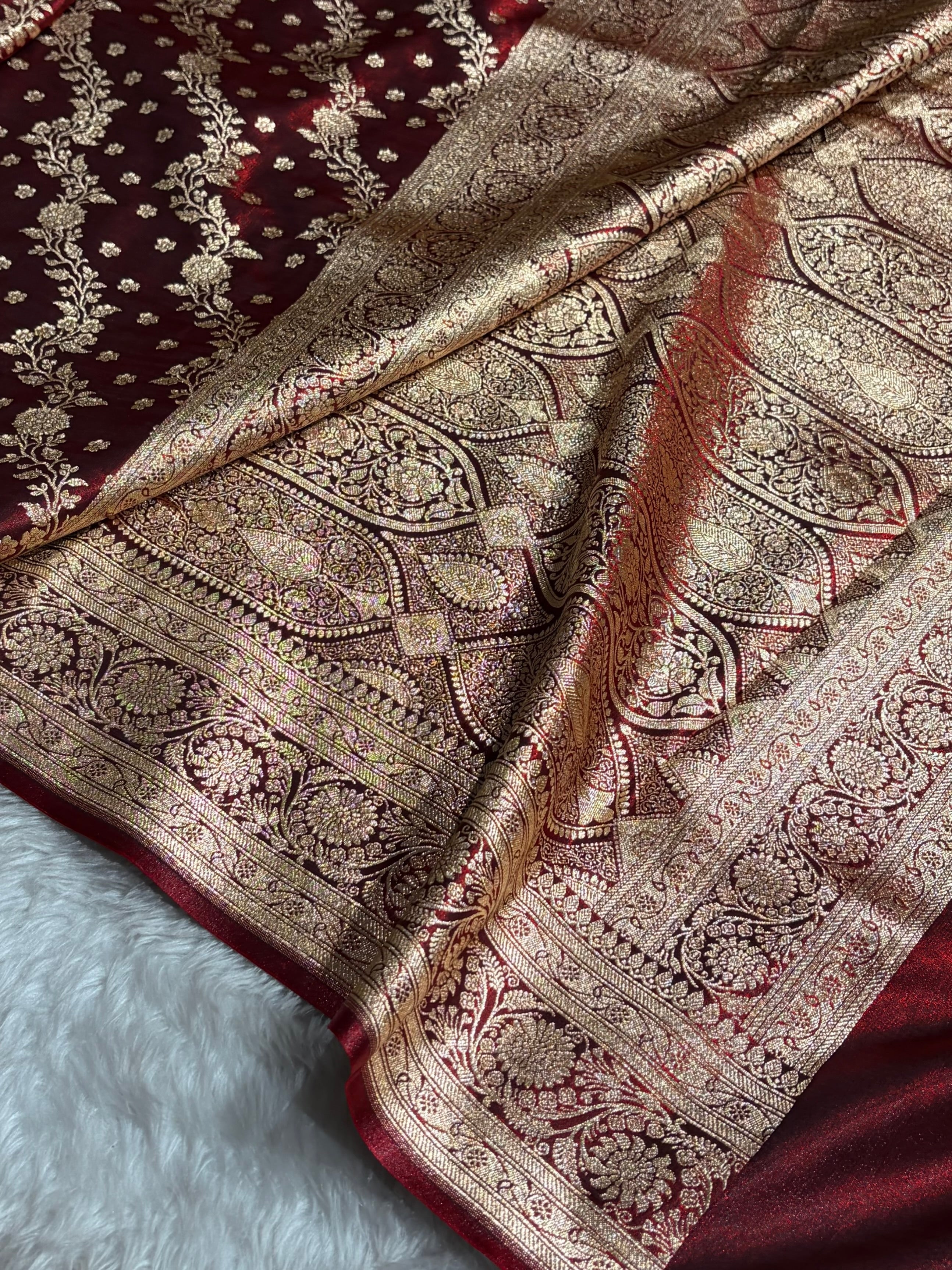 Satin Silk Saree Cross with Booti in Maroon Shades SS24