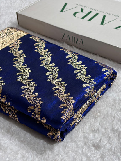 Royal Blue Shades Cross Pattern Banarasi Satin Silk Saree SS39
