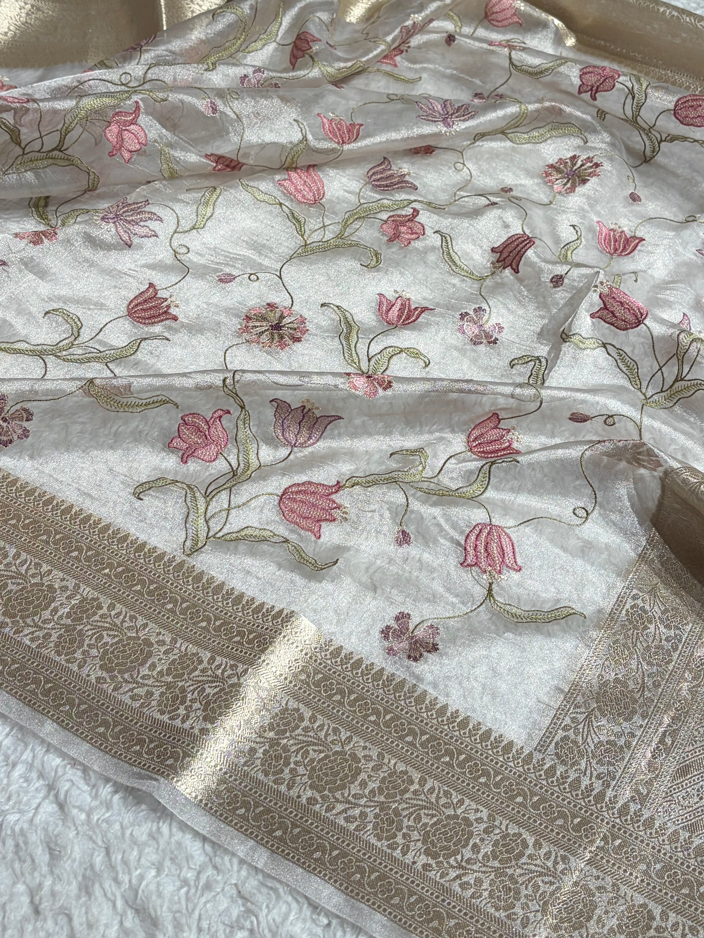 Pearl White Shades With Floral Embroidered Pure Tissue Silk Saree with Brocade Blouse PTE-18