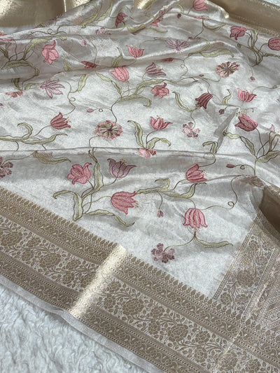 Pearl White Shades With Floral Embroidered Pure Tissue Silk Saree with Brocade Blouse PTE-18