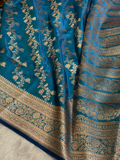 Firozi Shades Banarasi  Cross Jaal Satin Silk Saree SS11