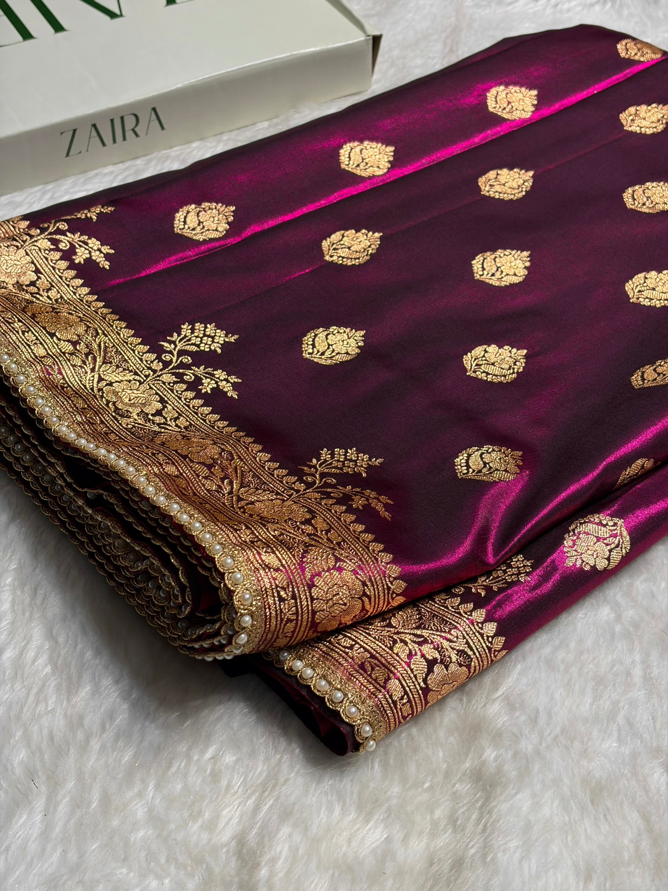 Banarasi Satin Silk Saree With Gotta Patti Booti Motif in Wine Shades SSGP20