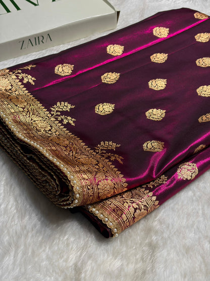 Banarasi Satin Silk Saree With Gotta Patti Booti Motif in Wine Shades SSGP20