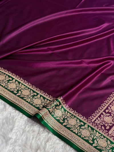 Banarasi Satin Katan Saree Floral Booti Pattern in Contrast Wine / Bottle Green Shades SK149