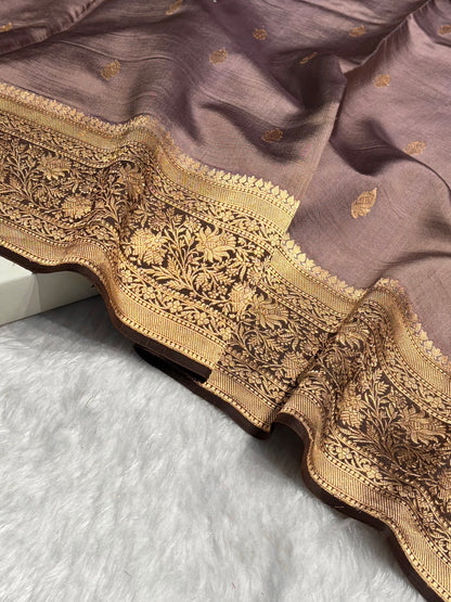 Contrast Wooden Gray with Garnet Shades Handwoven Pure Raw Mango Silk RM-58