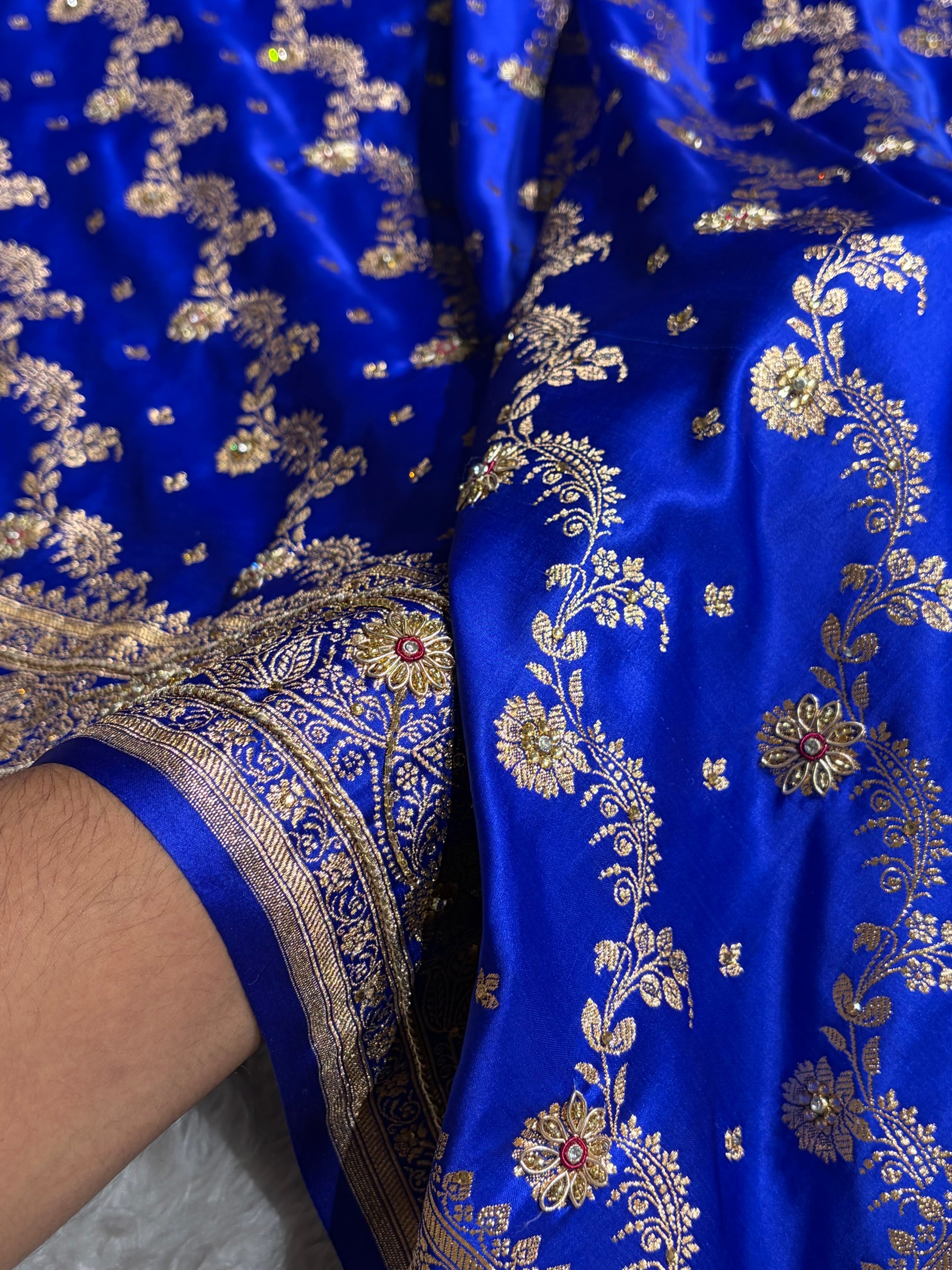 Banarasi Satin Katan Saree With Ari Zardozi Work Jaal Pattern in Royal Blue Shades BSK121