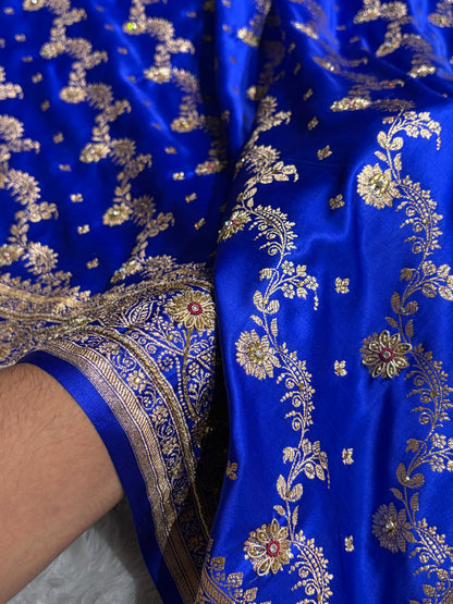 Banarasi Satin Katan Saree With Ari Zardozi Work Jaal Pattern in Royal Blue Shades BSK121