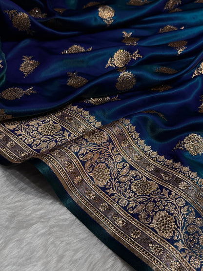 Satin Silk Saree Swarovski Work Floral Boota in Peacock Shades BSS26