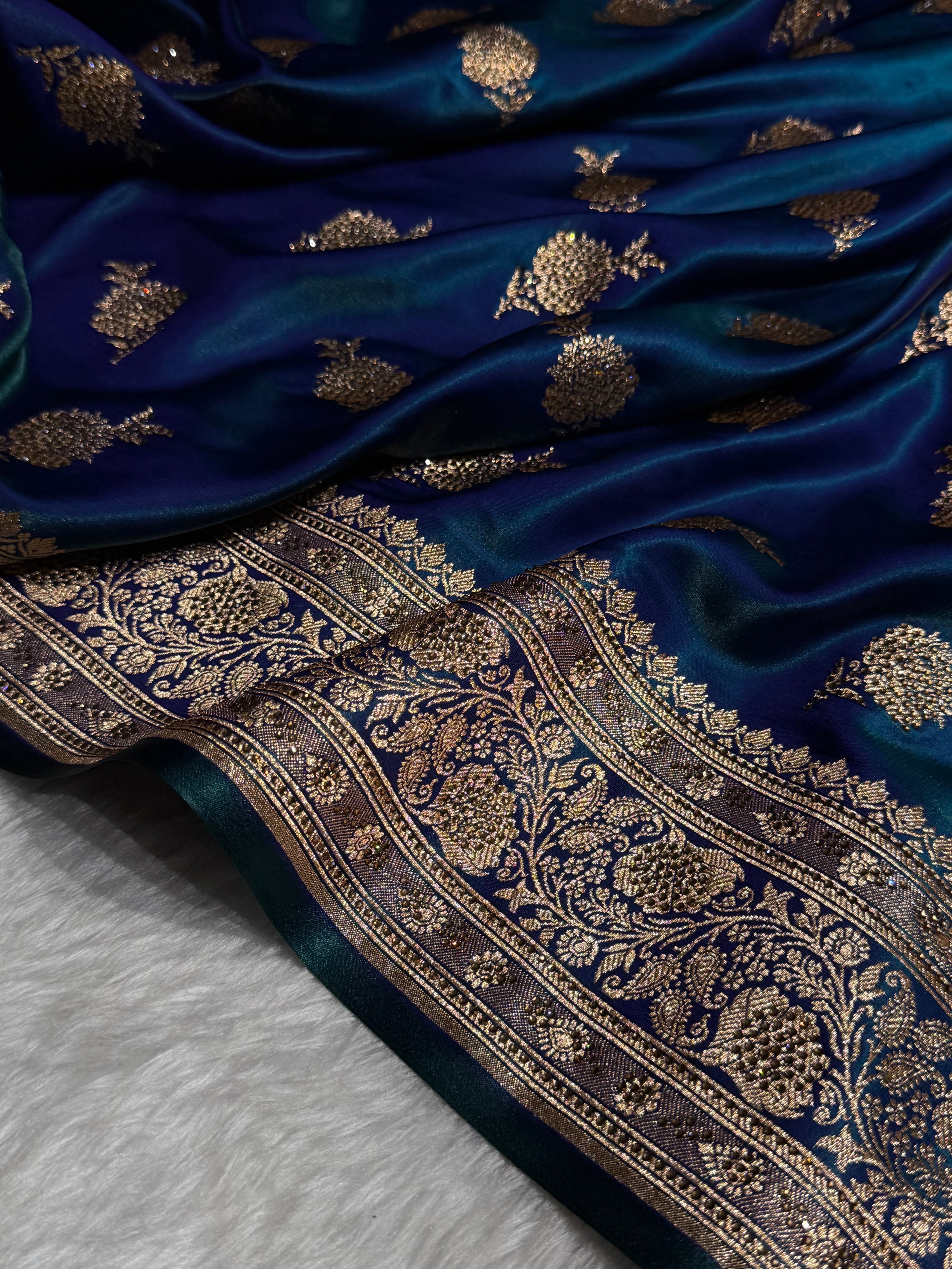 Satin Silk Saree Swarovski Work Floral Boota in Peacock Shades BSS26