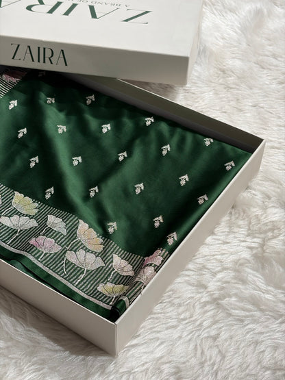 Banarasi Floral Jaal Pattern in Bottle Green Shades Floral Mashru Silk Saree MCS99