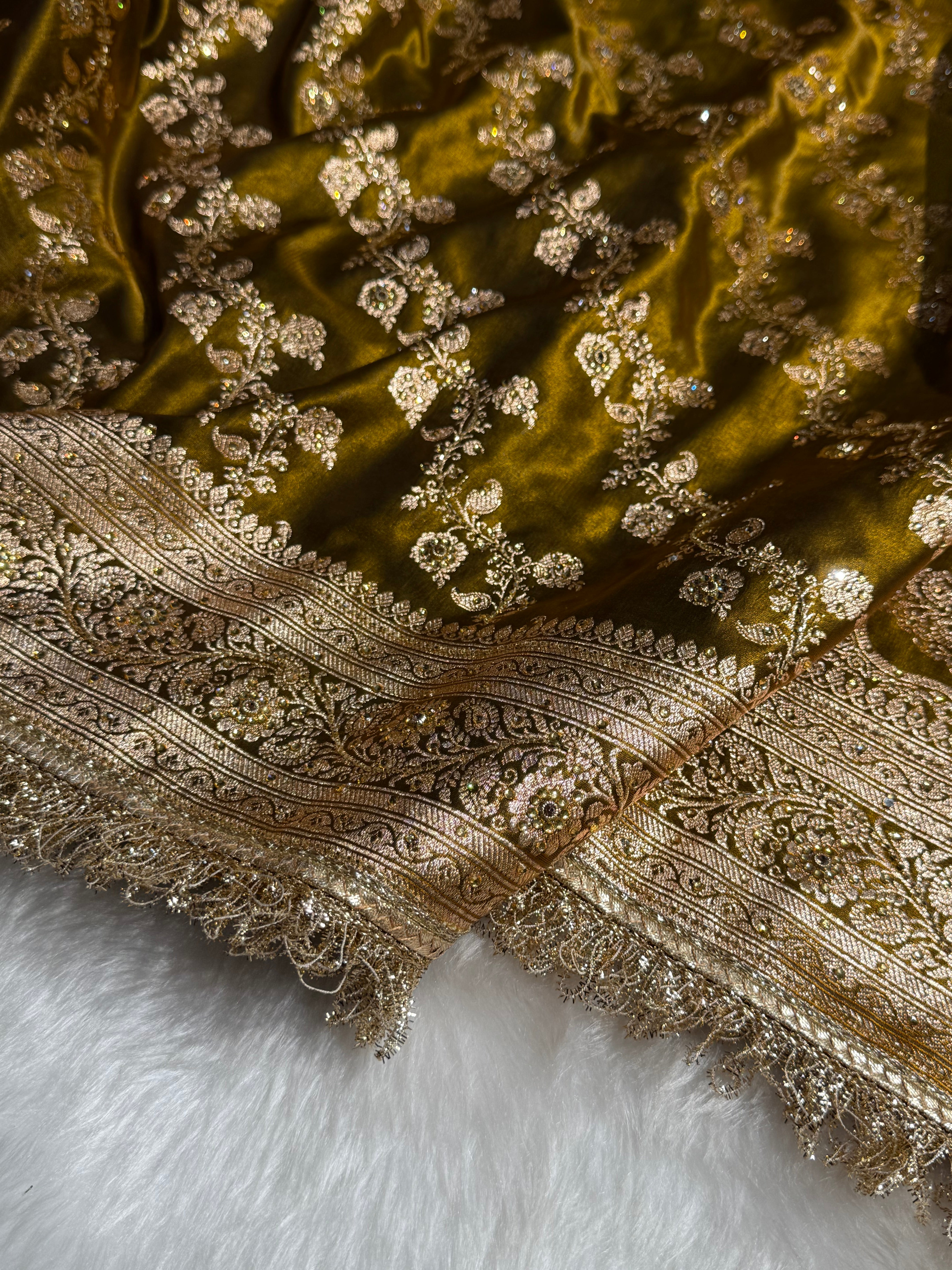 Bridal Mehandi Gold Cross Satin Silk with Ari and Stone work