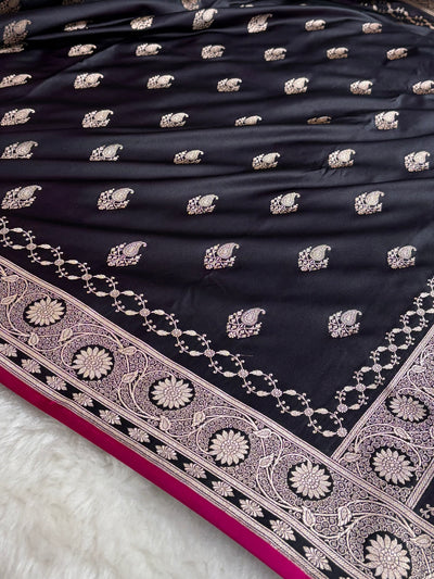 Blackish Wine Shades Banarasi Boota Pattern Floral Mashru Silk Saree MSM-114