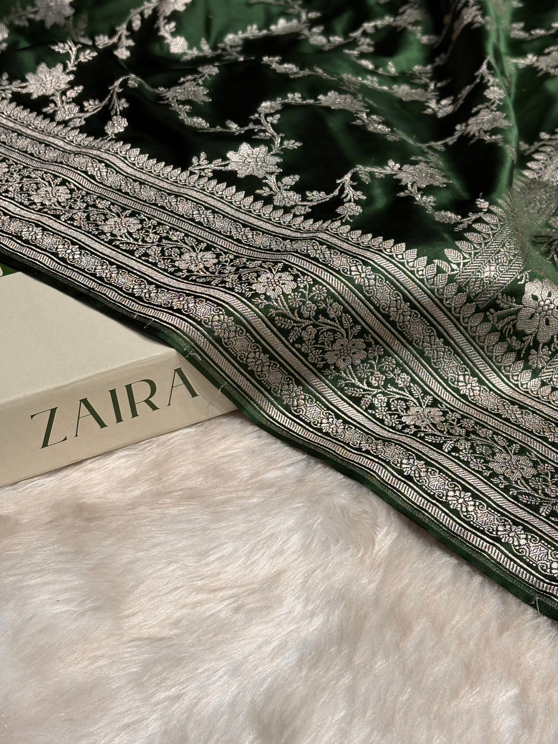 Bottle Green Floral Jaal Mashru Silk Saree