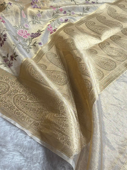Beige Gold Shades With Floral Embroidered Pure Tissue Silk Saree with Brocade Blouse PTE-01