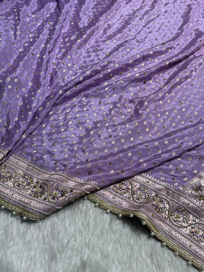Lavender Shades Border Crepe Silky Katan With Ari Zardozi & Gotta Patti Work  Banarasi Saree BCSKGP-04
