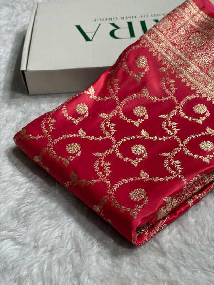 Cross Peach Shades Floral Jaal Pattern Satin Katan Silk saree SK55