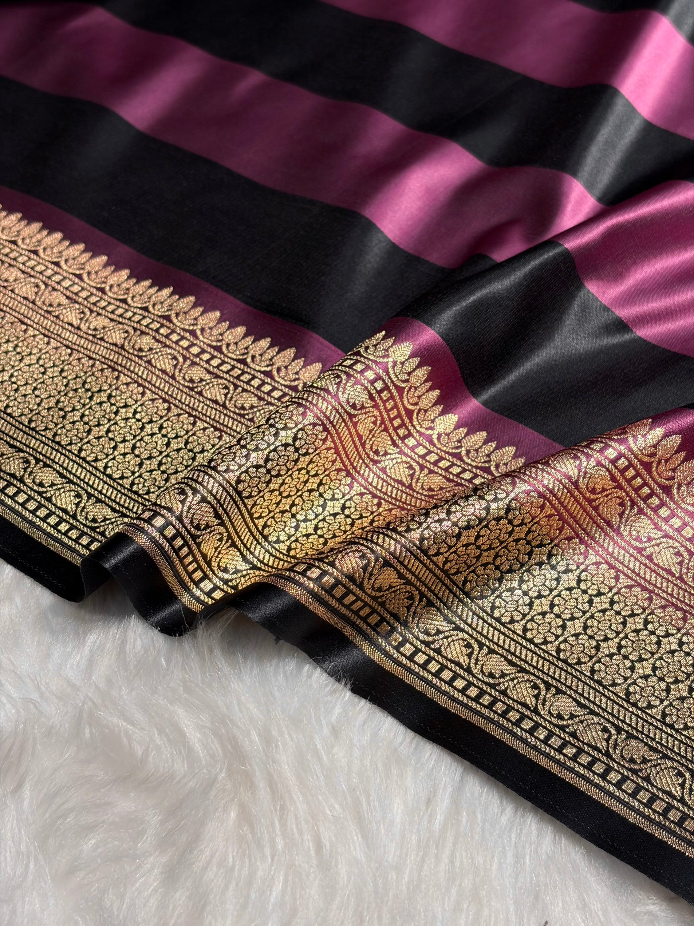 Rani With Black Horizontal Strips Floral Border & Brocket Blouse Mashru Silk Saree MSM-84