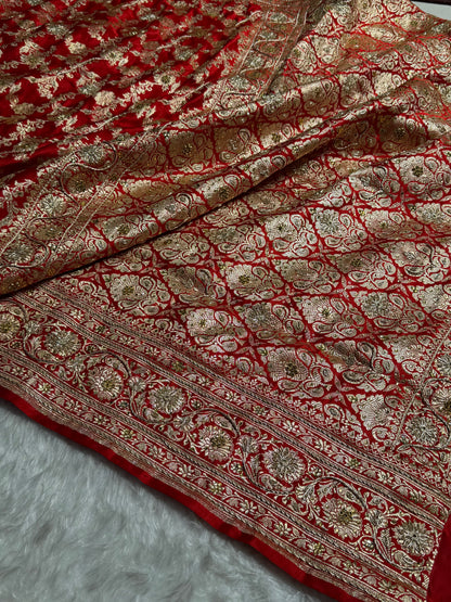 Bridal Red Pure Katan Silk Banarasi Saree with Zardozy, Ari and Stone work  PBSK01