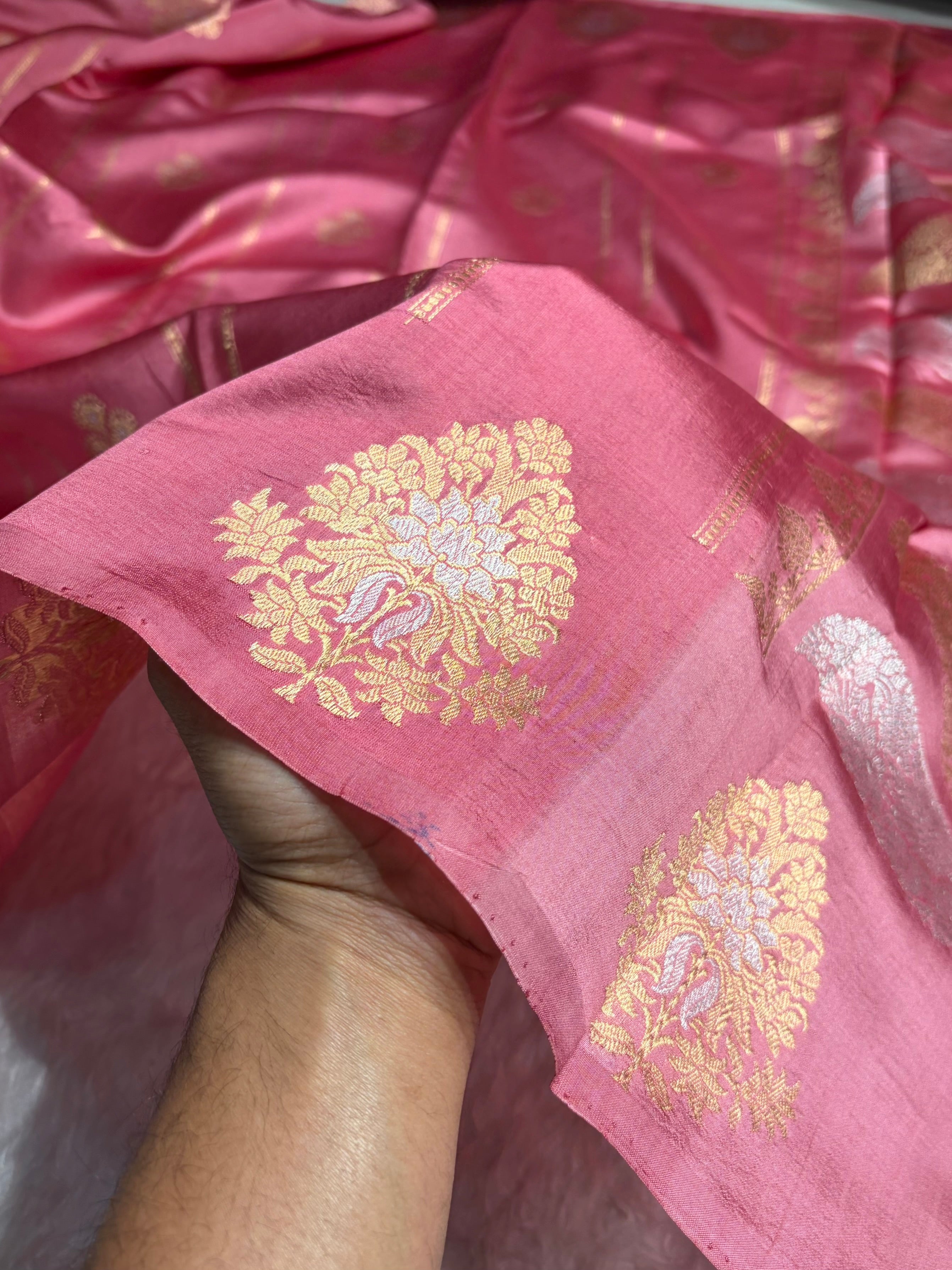 Strawberry Shades Banarasi Handwoven Pure Paper Katan Silk  RM-66