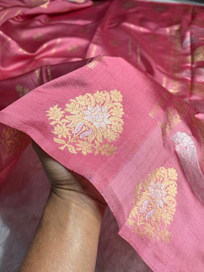 Strawberry Shades Banarasi Handwoven Pure Paper Katan Silk  RM-66
