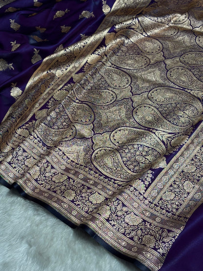 Satin Silk Saree Floral Boota in Dark Purple Shades SS26