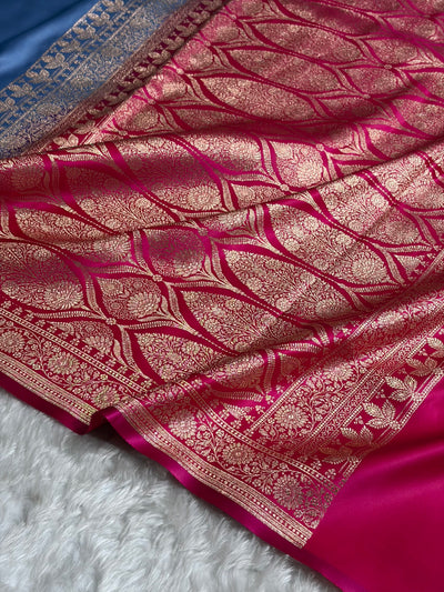 Banarasi Satin Katan Saree in Contrast Sky Blue and Rani Shades SK131