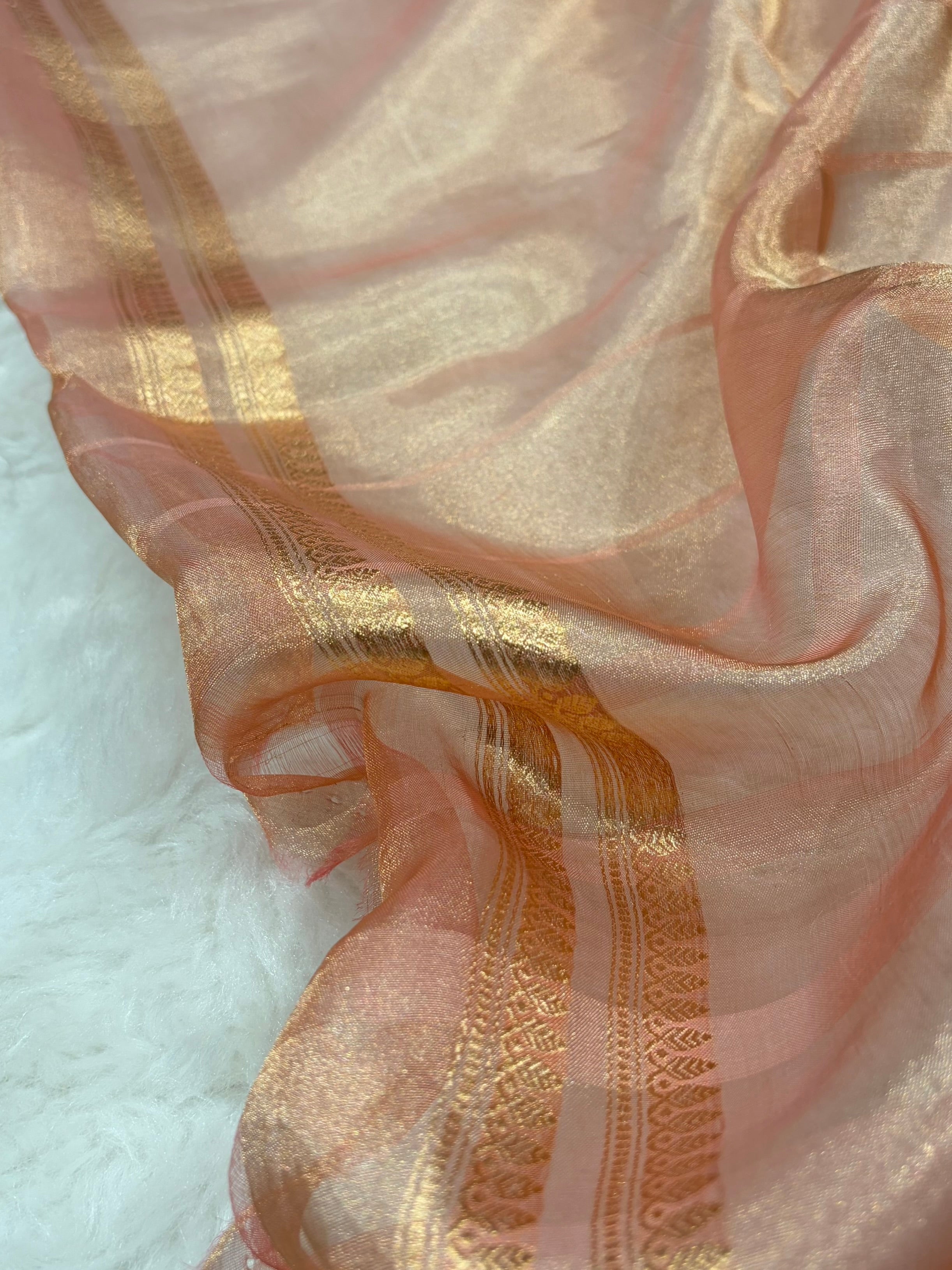 Light Peach Bananasi Floral Shades Pure Tissue Silk Saree PT-55
