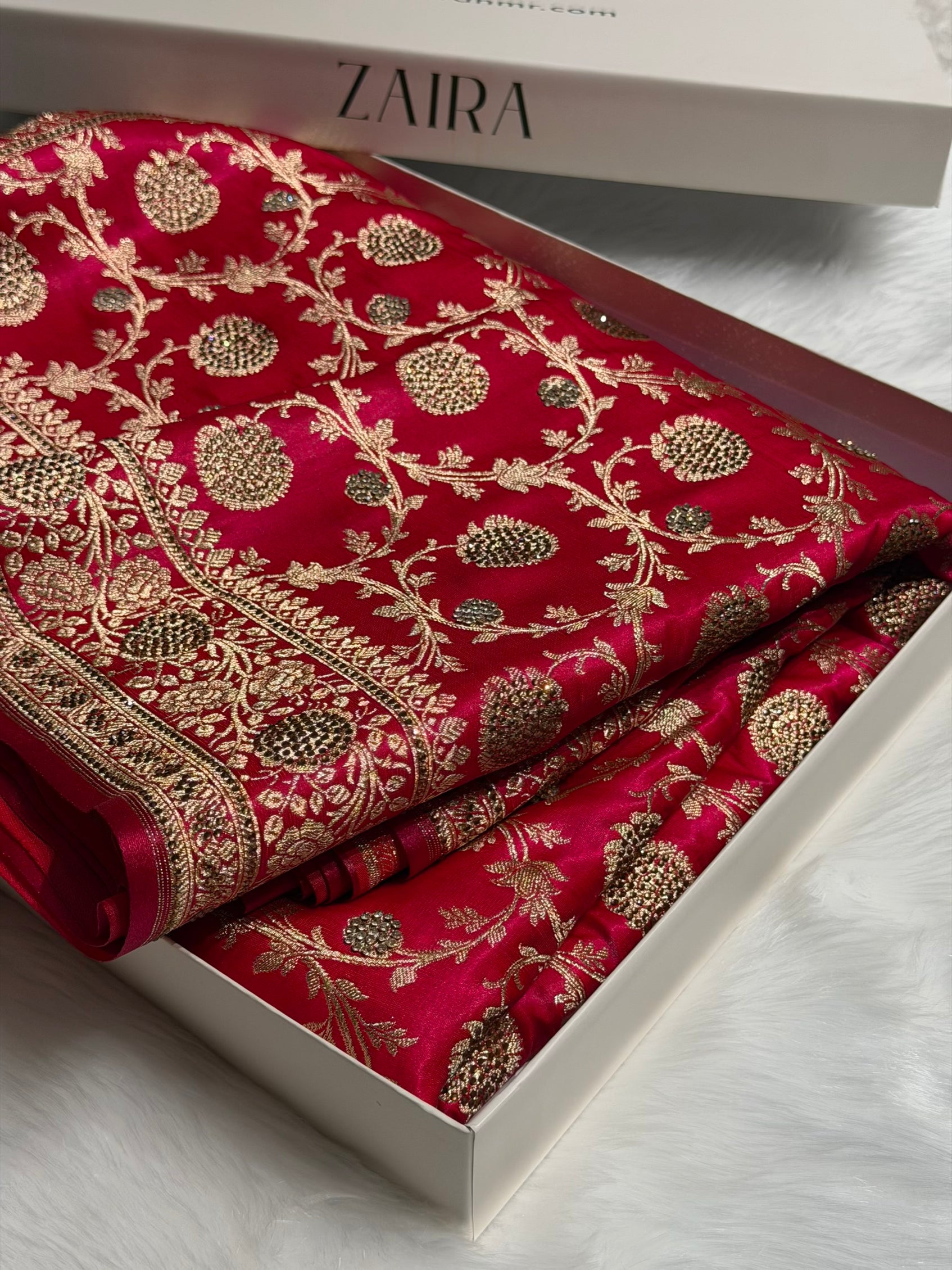 Cross Rani With Swarovski Stone Work Jaal Pattern Satin Silk Saree BSS15