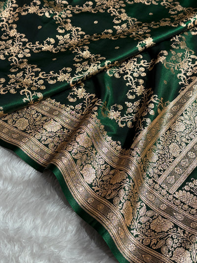 Bottle Green Shades Jaal Pattern Banarasi Satin Silk Saree SS48