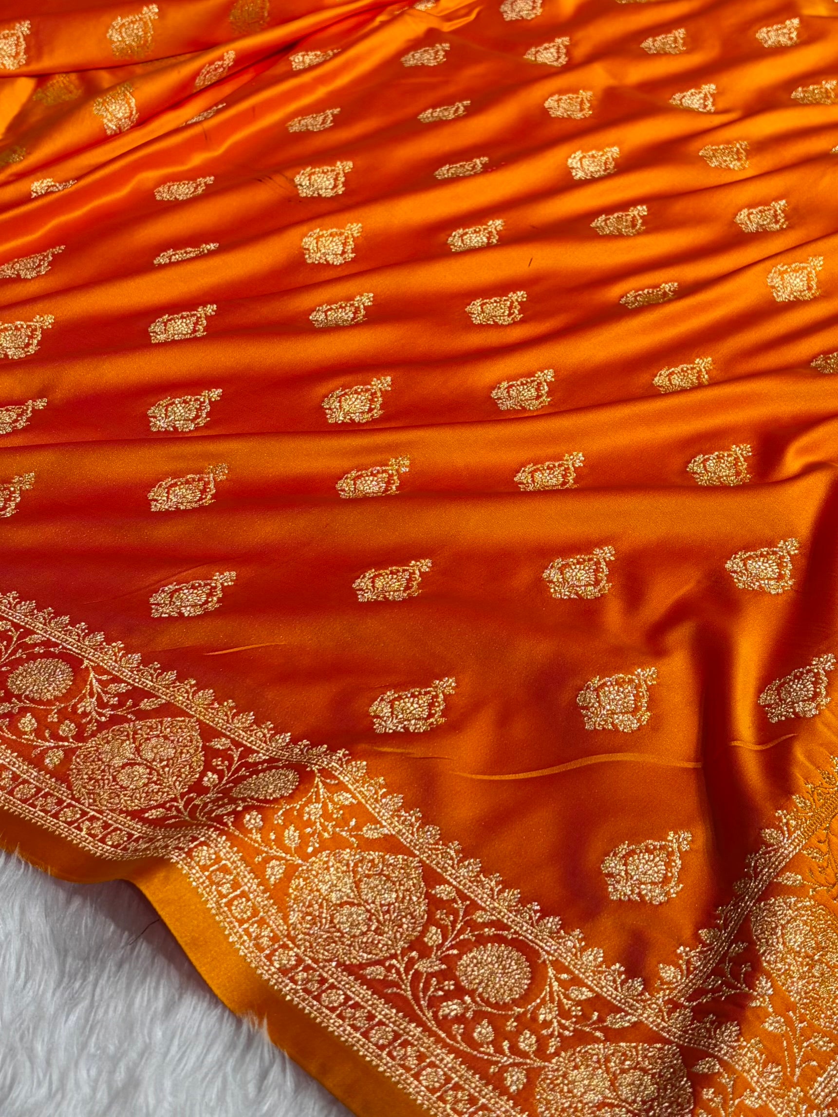 Banarasi Satin Katan Saree With Boota in Fire Gold Shades SK98