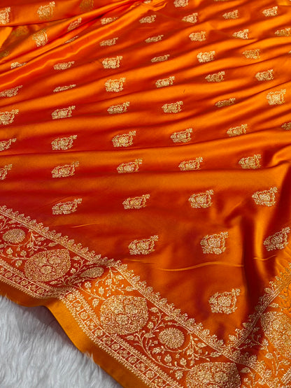 Banarasi Satin Katan Saree With Boota in Fire Gold Shades SK98