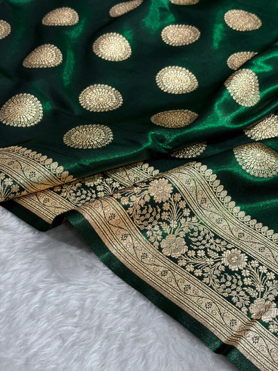 Bottle Green Shades Banarasi Satin Silk Saree SS33