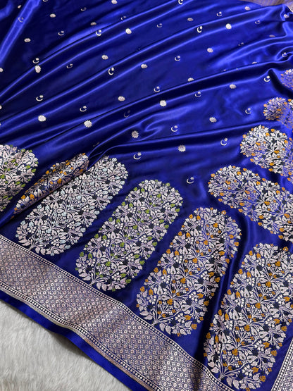 Royal Blue Shades Banarasi With Floral Minakari Pattern Mashru Silk Saree MSM-131