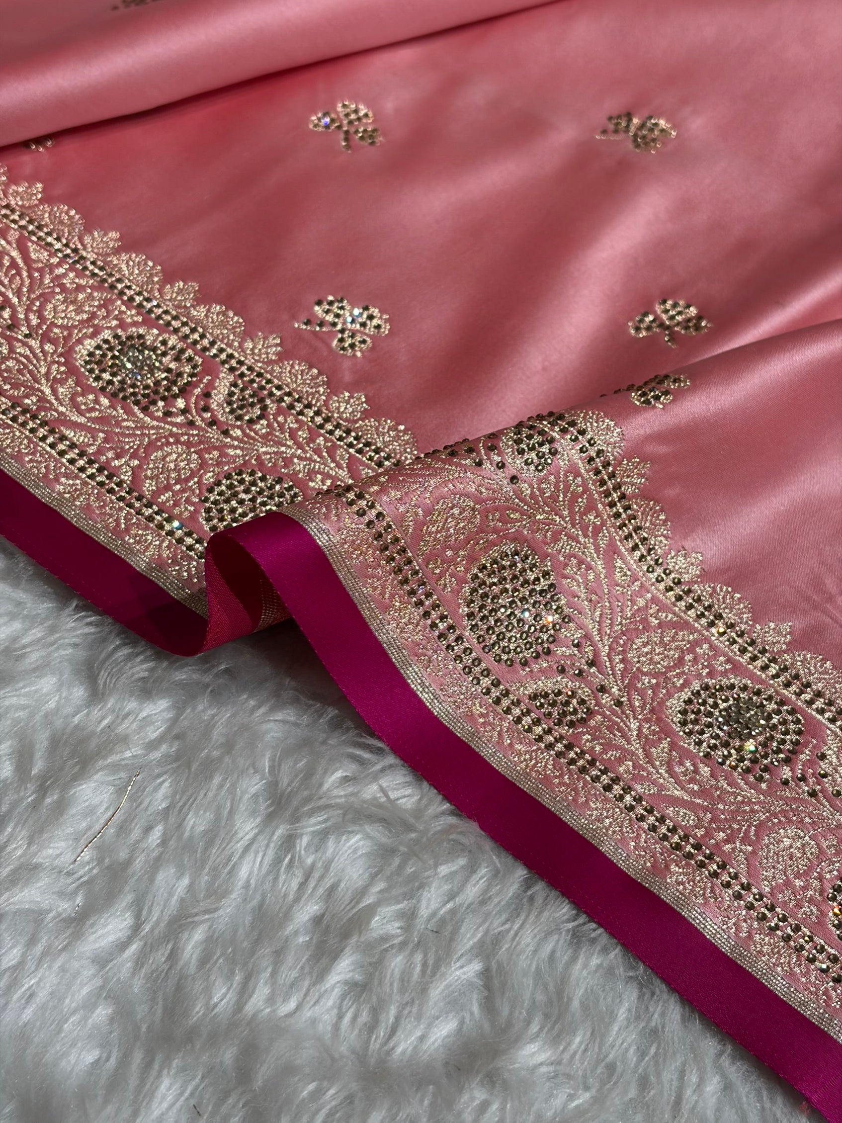 Banarasi Baby Pink Booti With Swarovski Work Katan Silk Saree BSK09