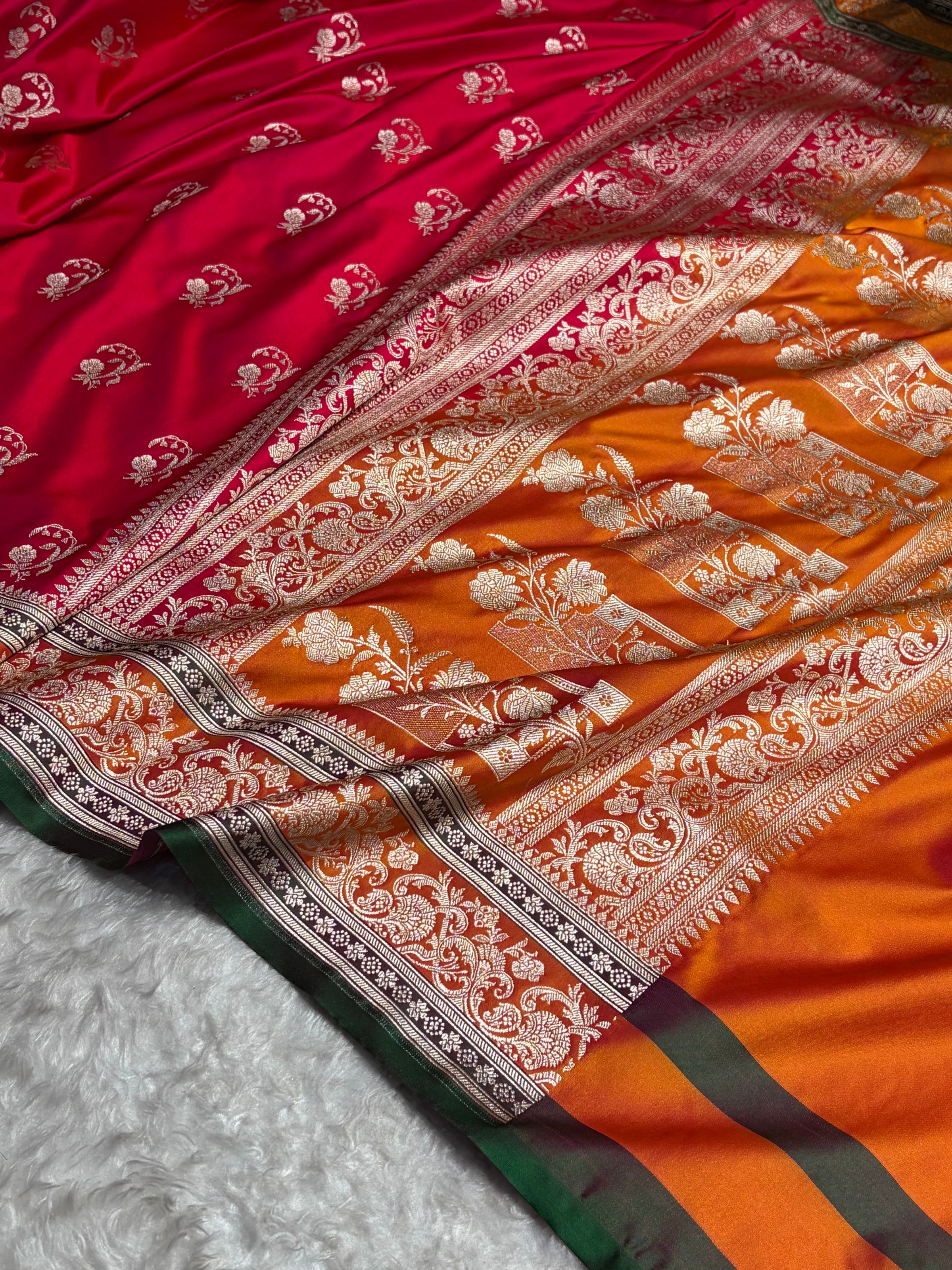 Banarasi Cross Red With Contrast Orange Floral Border Mashru Silk Saree MSM-100