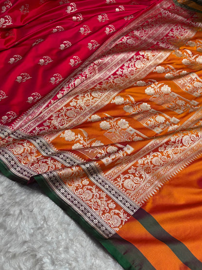 Banarasi Cross Red With Contrast Orange Floral Border Mashru Silk Saree MSM-100