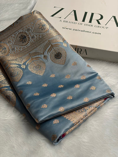 Banarasi Katan Silk Saree In Pastel German Blue Shades SK10