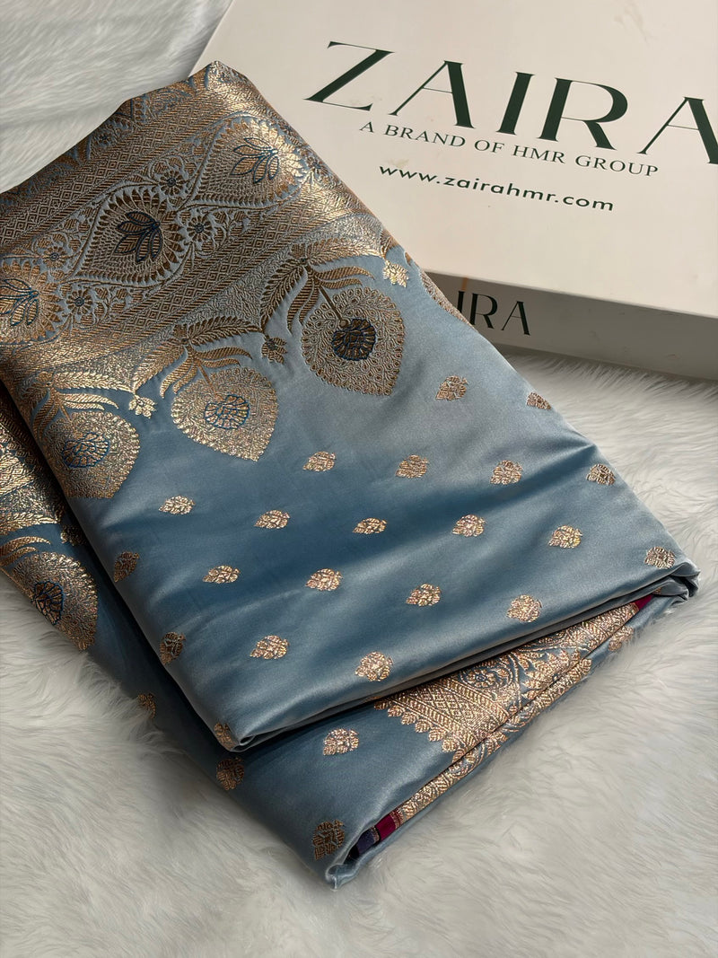 Banarasi Katan Silk Saree In Pastel German Blue Shades SK10