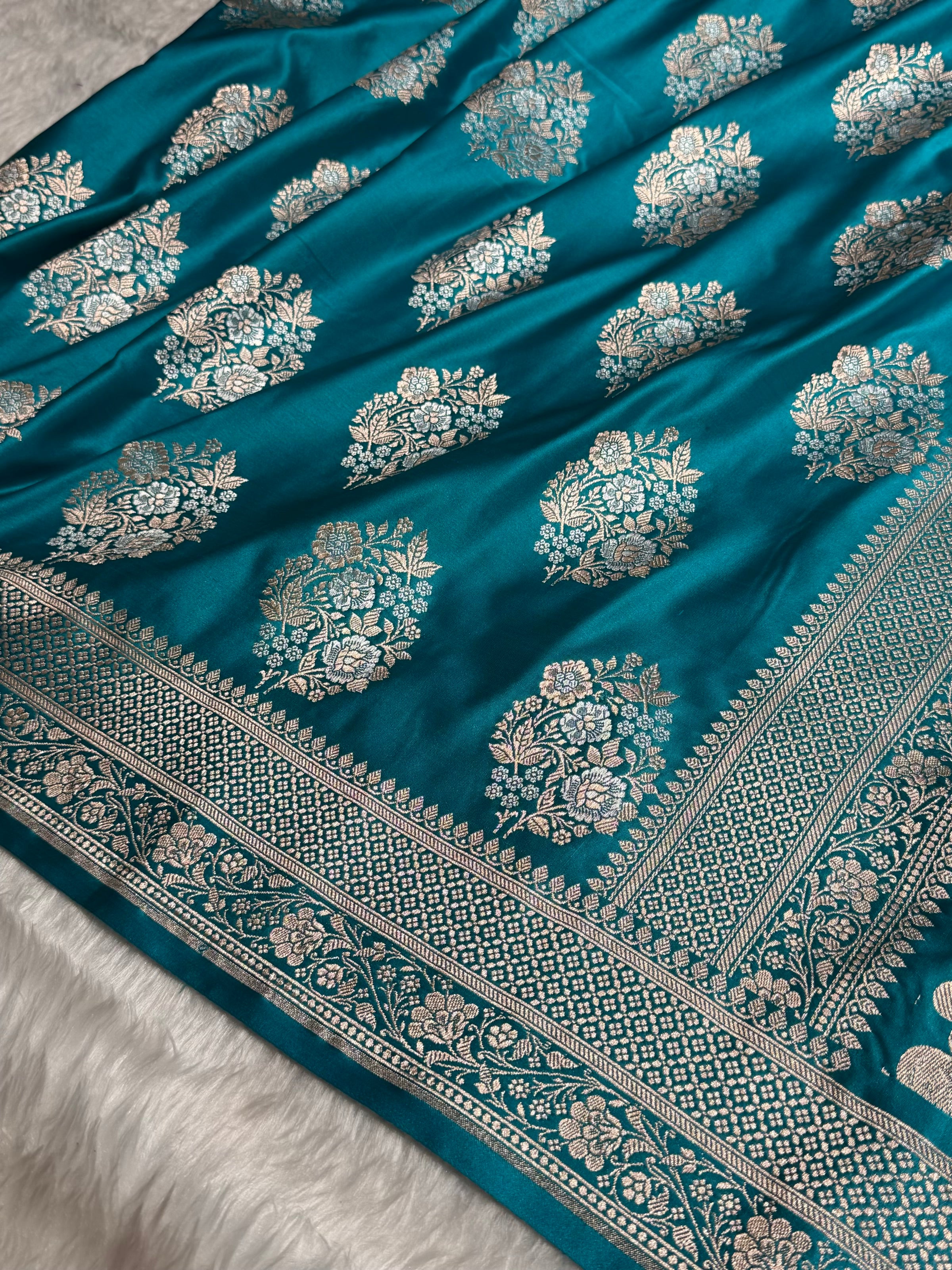 Premium Banarasi Satin Katan Saree With Minakari Boota in Rama Shades SK93