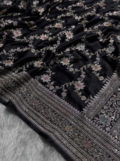 Banarasi Black Minakari Mashru Silk Saree with Ari and Swarovski work BMS07