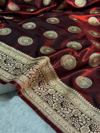 Maroon Shades Banarasi With Swarovski Stone Work Satin Silk Saree BSS33