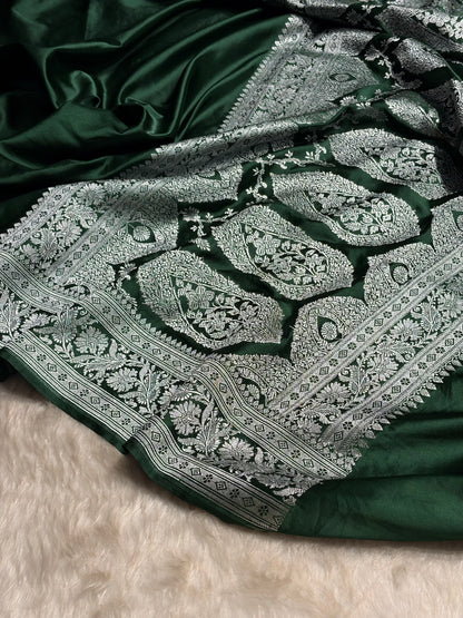 Dark Bottle Green Plain Mashru Silk Saree MS22
